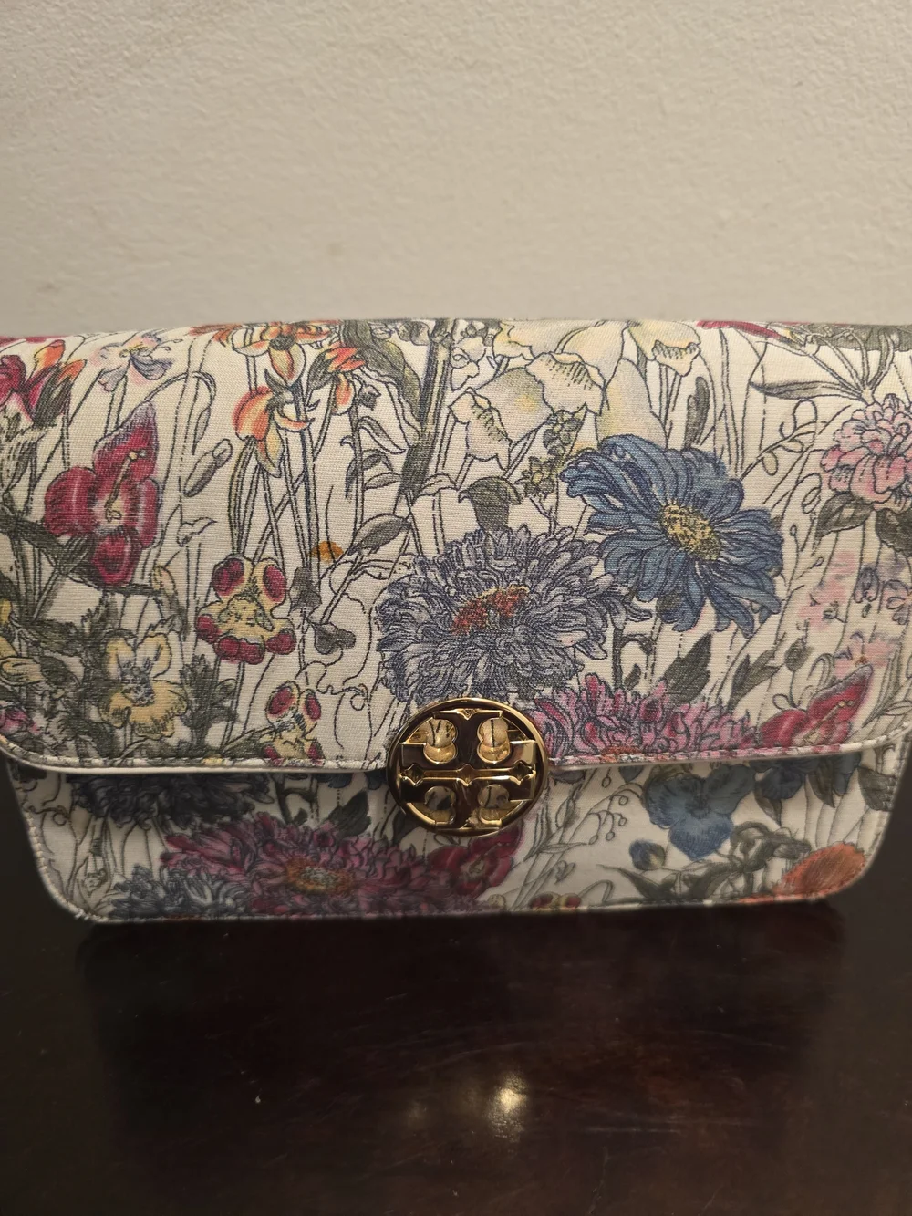 Tory Burch Floral Print Clutch in White with Blue, Pink and Yellow Flowers
